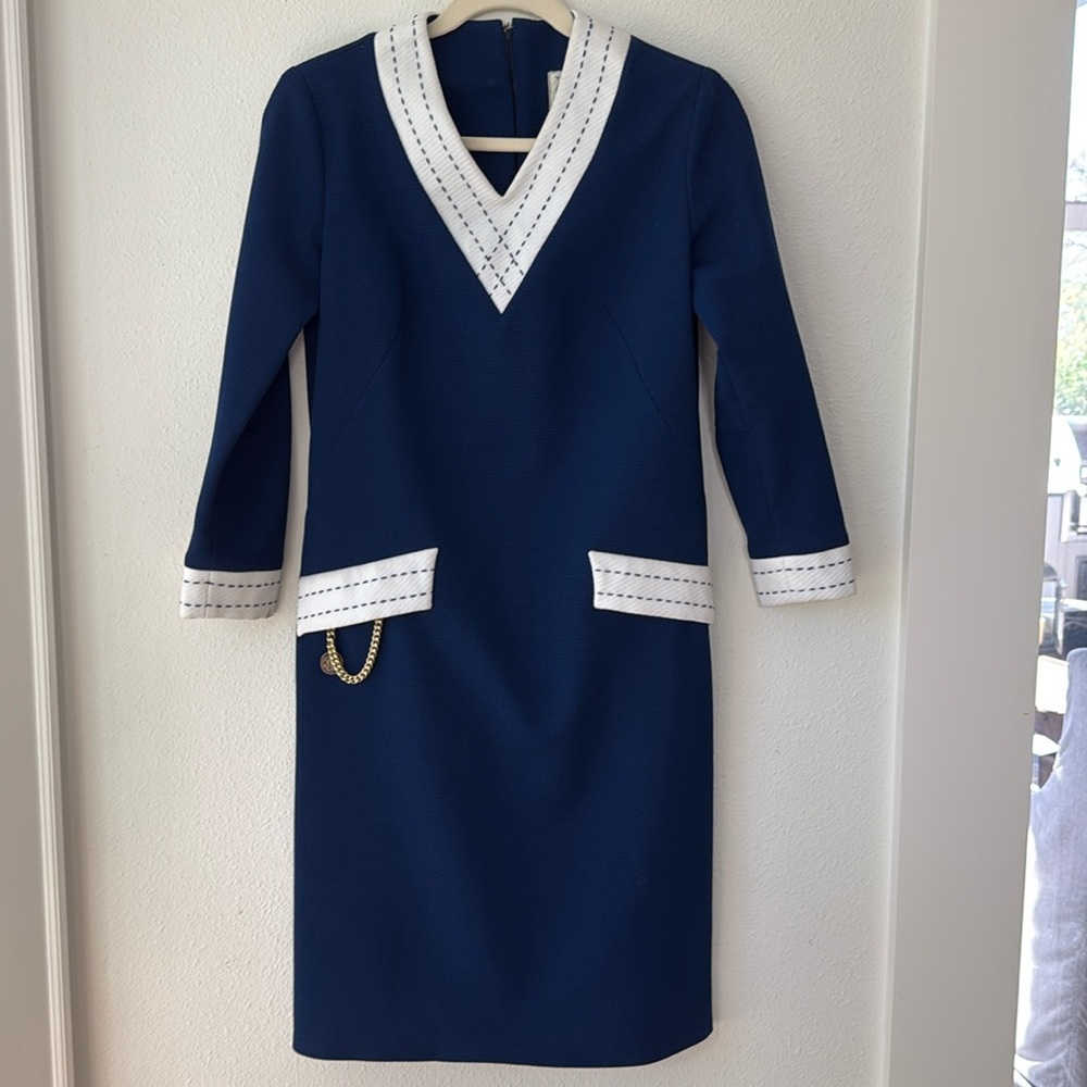 Julie Miller Vintage Chain Pocket Blue and White Vneck Dress 70’s